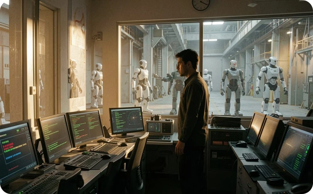 Operator overseeing a machine workforce from a control room